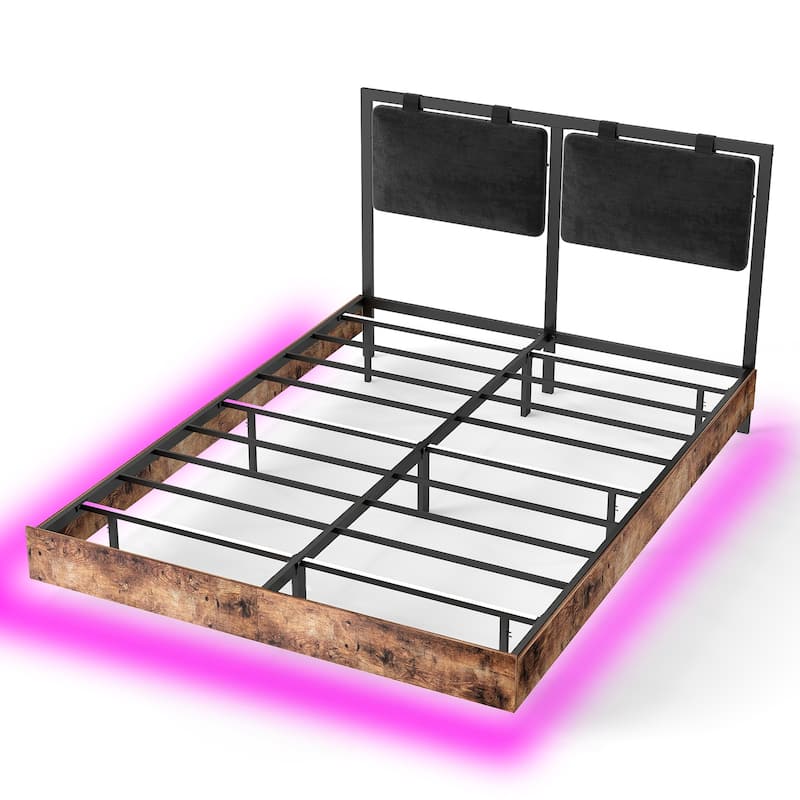 Floating Bed Frame with RGB LED Light Strip & Velvet Upholstered Hanging Headboard, Noise-Free Metal Slats Support, Black Brown