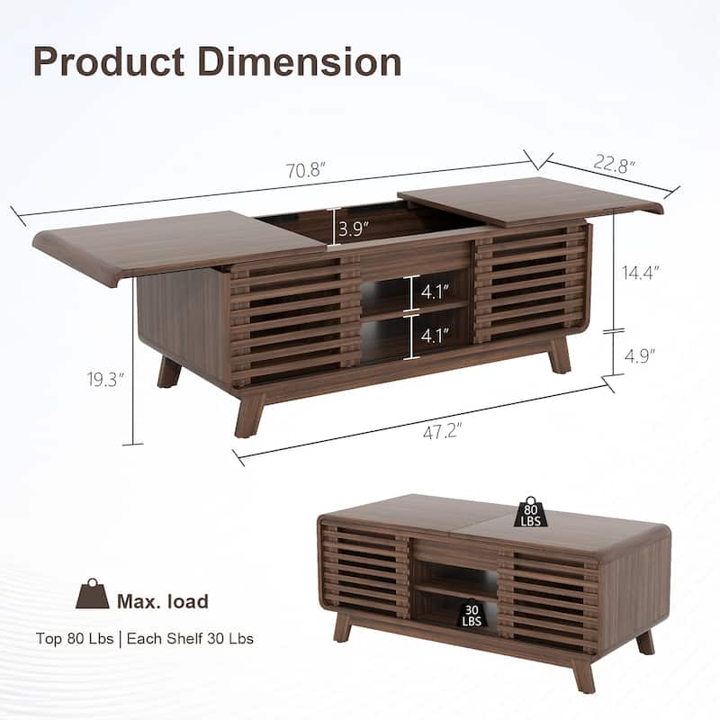 Gymojoy 47" Mid Century Modern Coffee Table with Sliding Door Storage, Walnut Center Table - Brown