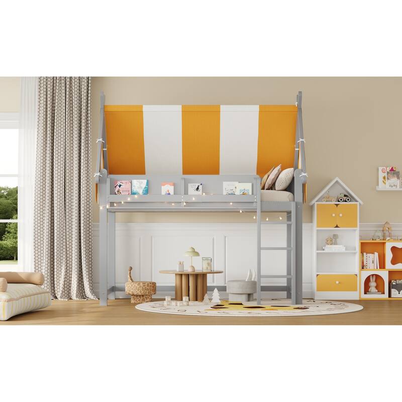 Roomfitters Twin/Full Size Loft Bed with Canopy, LED Lights and Book Shelf