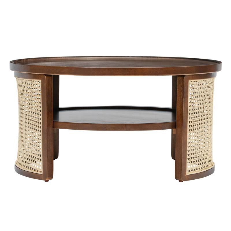 2-Tiered Round Wood Coffee Table with Storage Rattan Base in 31.3''