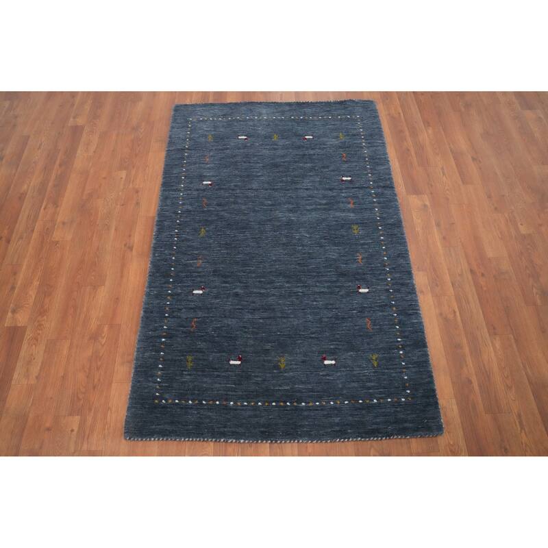 Hand Knotted Oriental 100% Wool Carpet Tribal Animal Pictorial Navy Blue & Blues Gabbeh Area Rug - 4' 11'' X 3' 2''