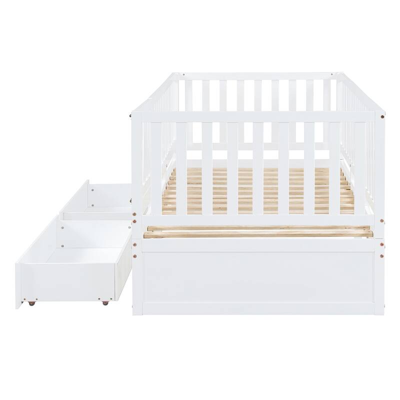 Twin Size Wood Daybed with Guardrails and Drawers, Convertible to Floor Bed, White
