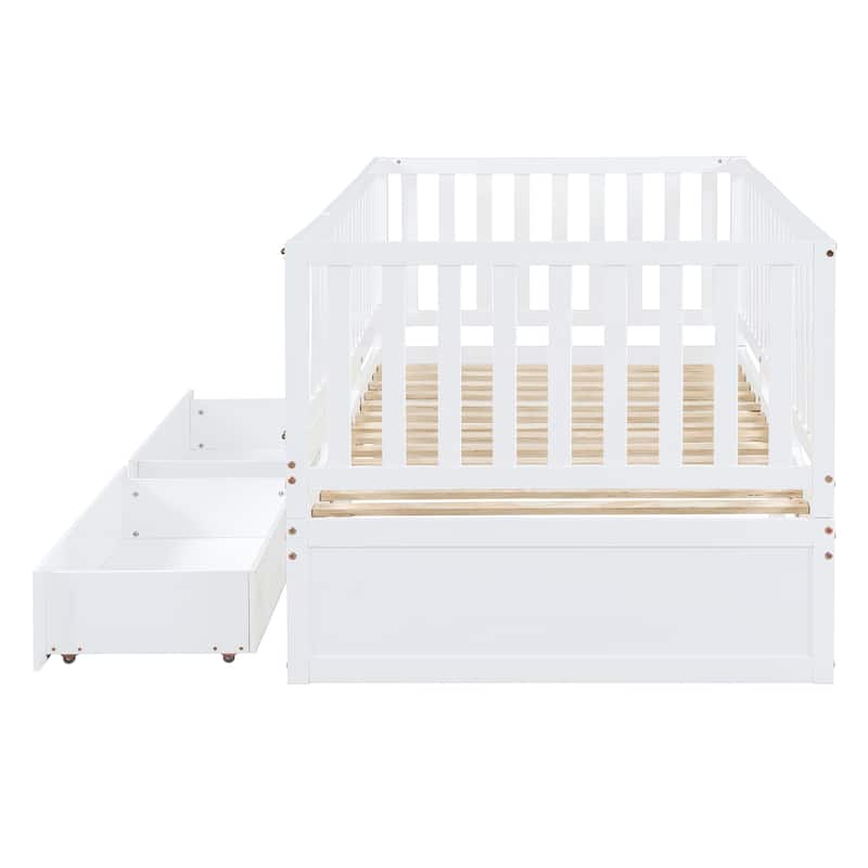 Wood Daybed with Fence Guardrails and 2 Drawers