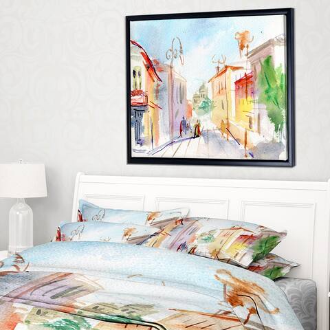 Designart 'Illustrated Parisian Street' Watercolor Cityscape Framed Canvas Art Print