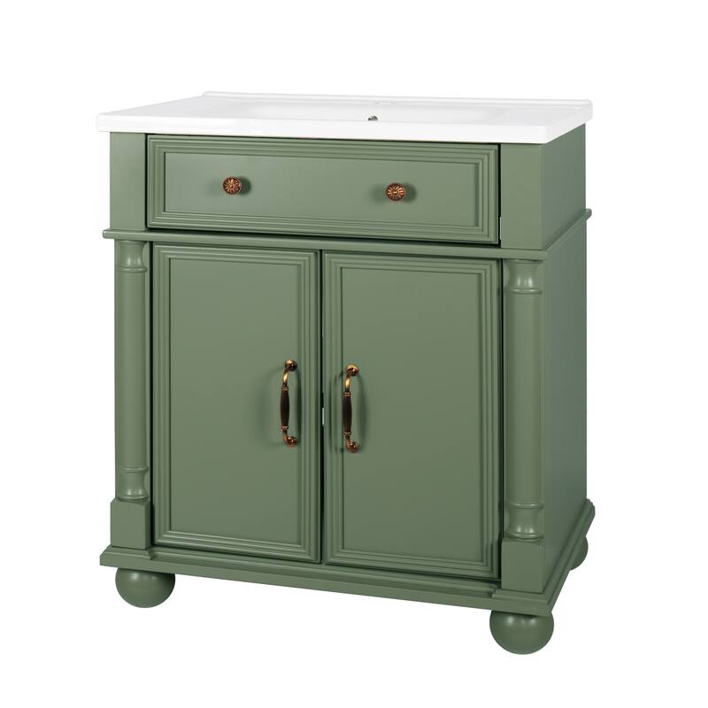 27.8-Inch Mid-Century Bathroom Vanity Sink with Roman Column Base, Farmhouse Freestanding Storage Cabinet