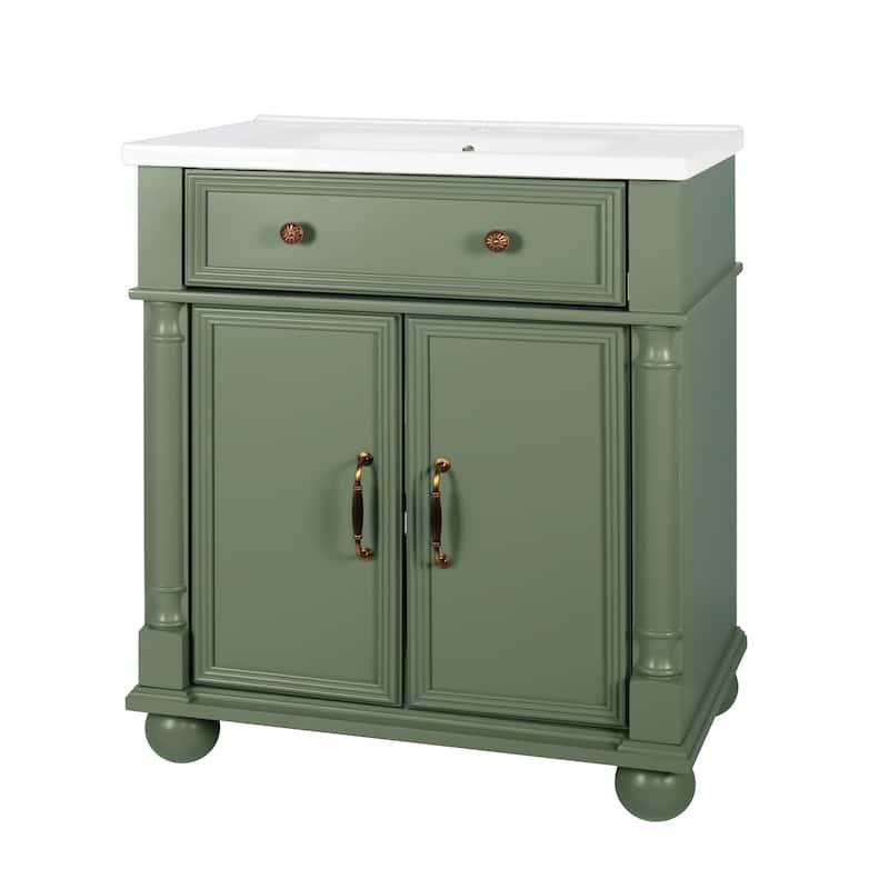 28"/36" Bathroom Vanity with Sink, Integrated Ceramic Basin Vanity Cabinet with Roman Column Base, Solid Wood Frame