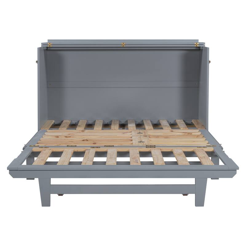 Queen Wood Murphy Bed, Modern Murphy Bed Chest with Metal Leg, Home Folded Bed Frame with Wood Slat Support for Small Room