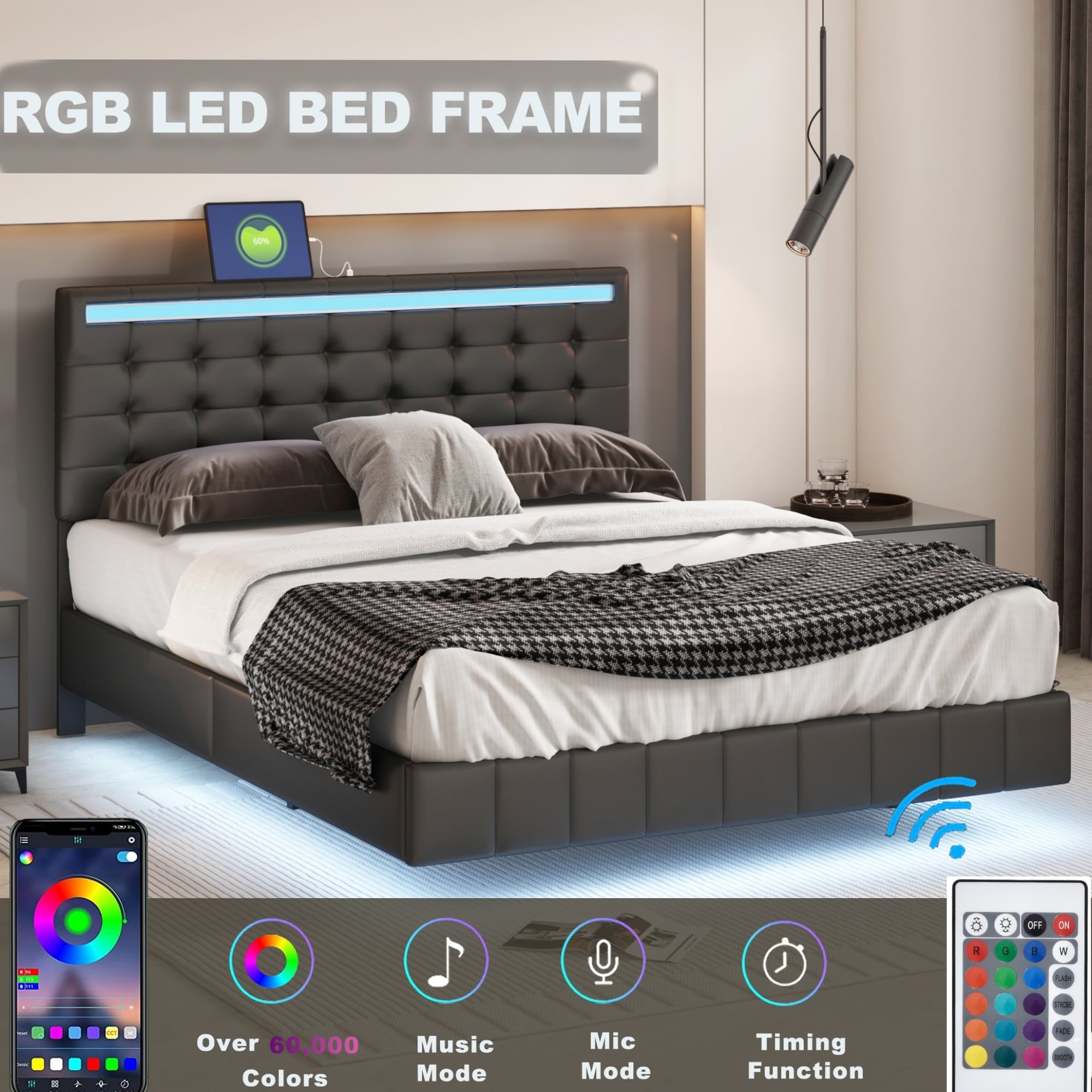 Floating Bed Frame With LED Lights And USB Charging - Bed Bath & Beyond ...