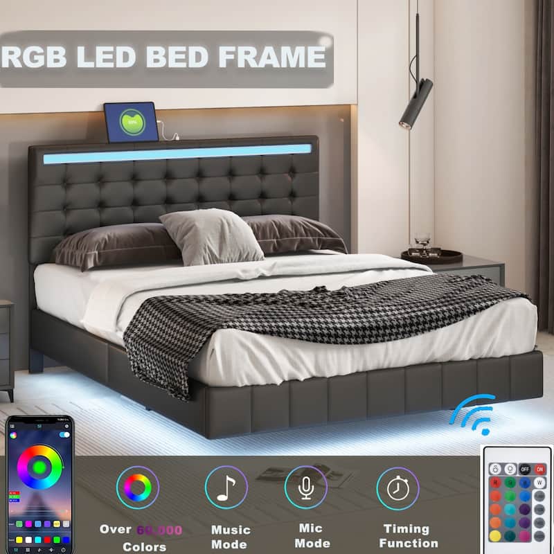 Queen Size Floating Bed Frame with LED Lights and USB Charging Bed