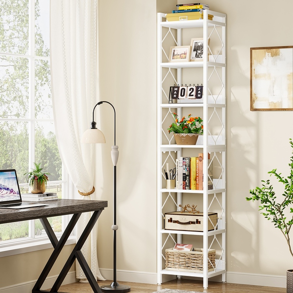 78.7 White Bookshelf 7 Tier Tall Skinny Bookcase Freestanding Narrow Display Shelves