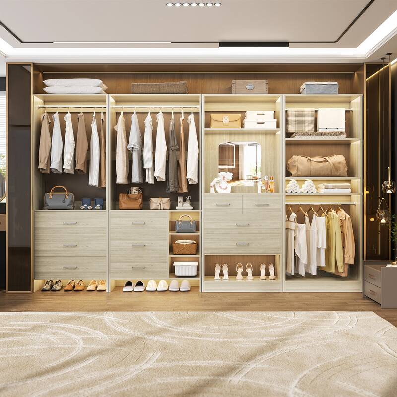 Cimly Set of 4 Closet Organizer with Drawers and Mirror, Freestanding Closet System with Hanging Rods