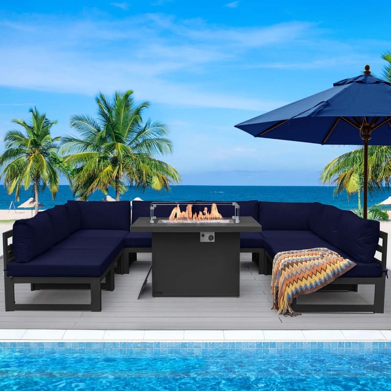 FINCATI Aluminum Outdoor Patio Furniture Conversation Sectional Sofa Set - 9 Pieces - Navy Blue