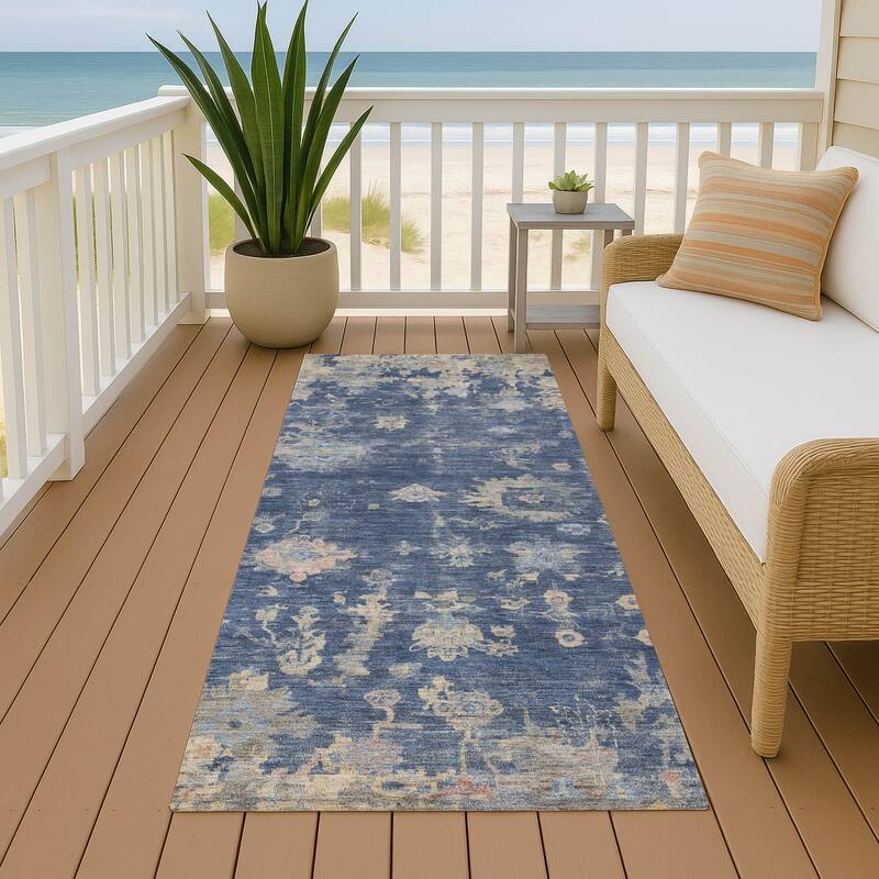 Machine Washable Indoor/ Outdoor Vintage Traditional Chantille Rug - Navy - 2'3" x 7'6"