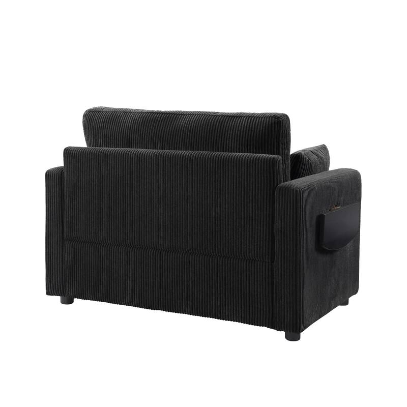 Twin Size Convertible Sleeper Sofa with Foldable Table, USB Ports and Lumbar Pillows, Black Corduroy