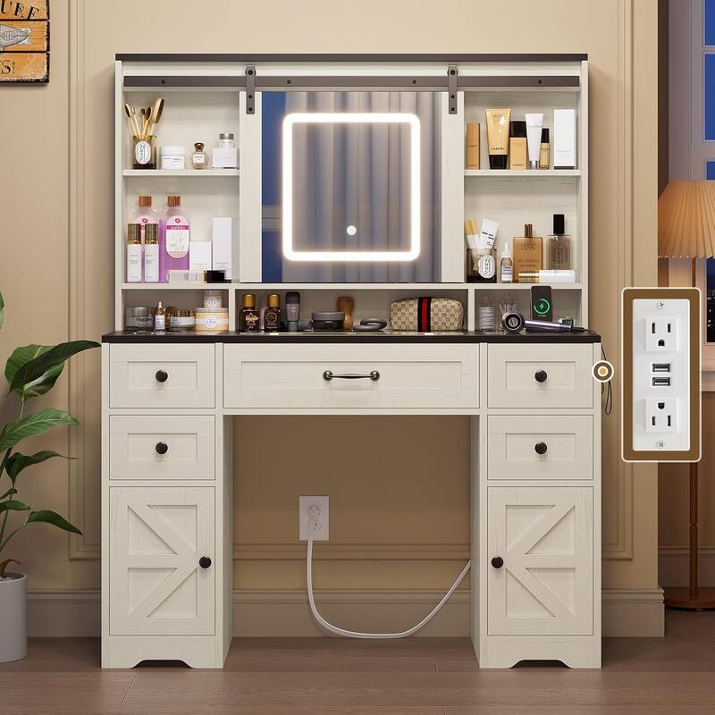 Vanity Desk Barn-Door Sliding Mirror & Power Outlet Glass Top