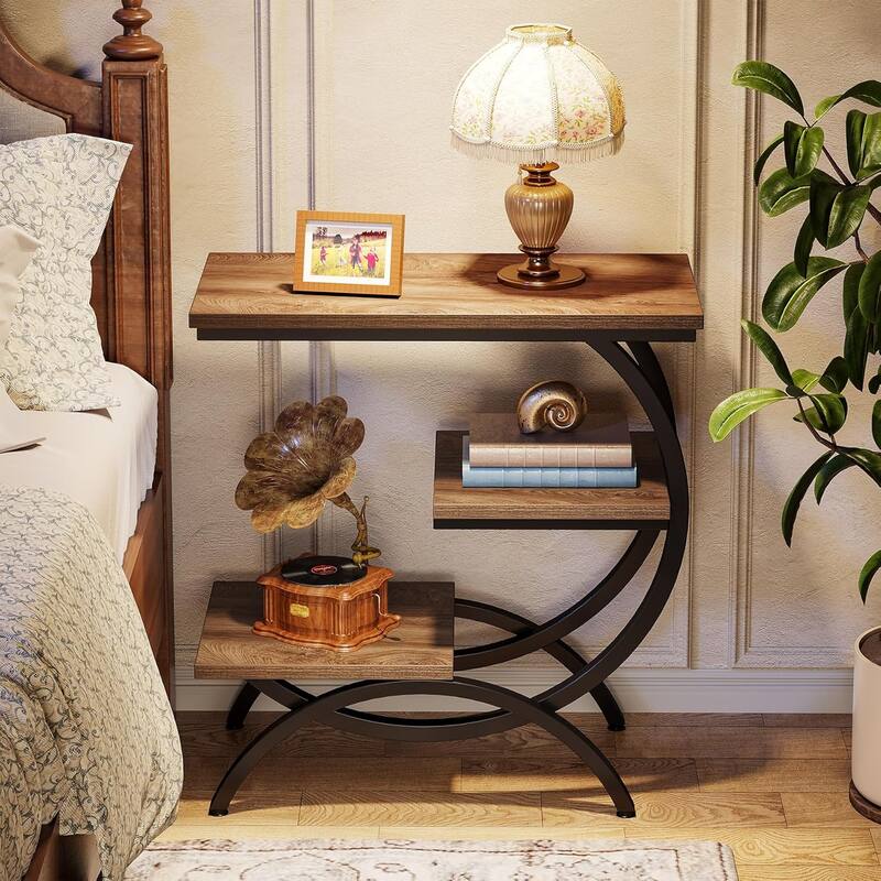 23.62 Inches Brown Wood C-Shaped End Table, 3-Tier Industrial Couch Side Table for Living Room