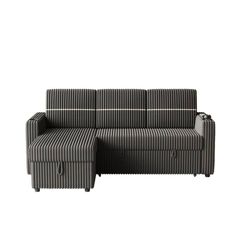 3-Seater Sleeper Sofa Bed with Corduroy Fabric, Storage Chaise, USB Charger, and Cup Holders