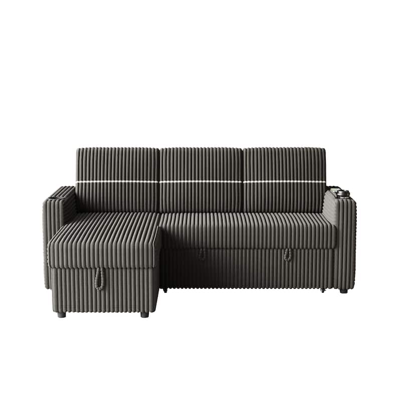 85" Corduroy 3-Seater Sleeper Sofa with Storage Chaise, USB Charging and Cup Holders