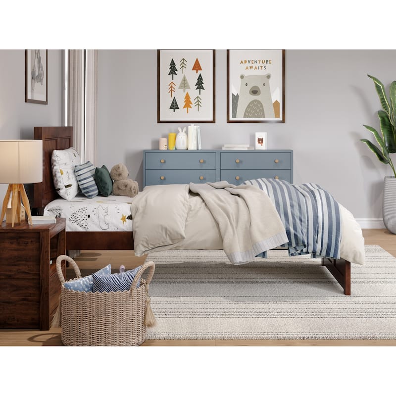 Twin Platform Bed with Footboard - Modern Rustic Bed Frame - Walnut Finish - HomeStock