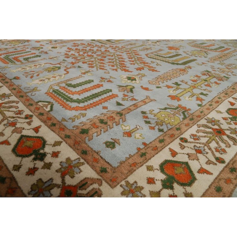 Light Blue Geometric Oushak Indian Area Rug Hand-Knotted Wool Carpet - 9'0"x 11'9"