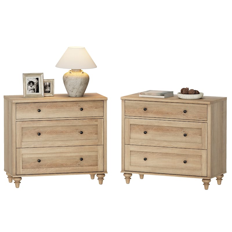 Nightstand Bedside Table, Wood Side Table with 3 Drawer - Oak - 6-drawer