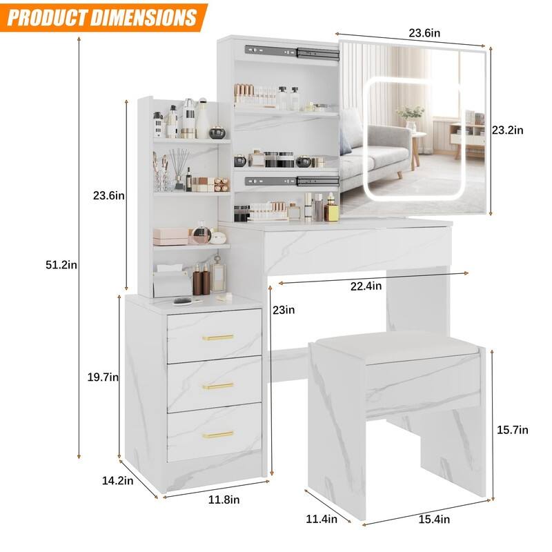 Vanity Desk with Sliding Mirror, Charging Station, 4 Drawers, Shelves, Stool
