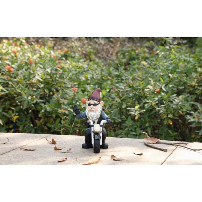 9.25" Biker Gnome Giving a Peace Sign Garden Statue