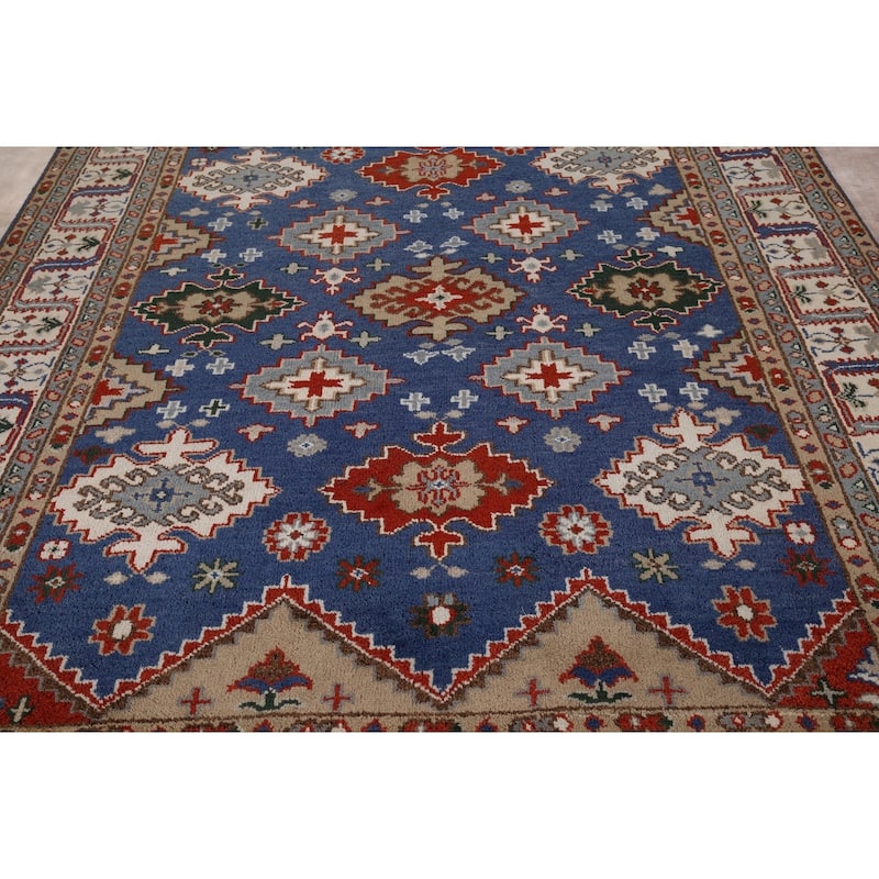 Blue Geometric Kazak Oriental Area Rug Handmade Wool Carpet - 8'0" x 9'11"