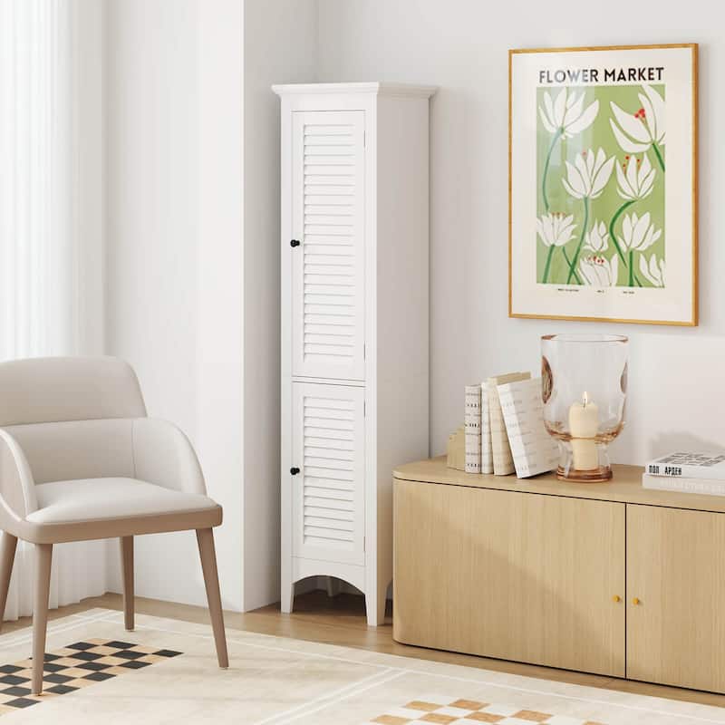 Costway Tall Bathroom Floor Cabinet Narrow Linen Tower with 2 Doors & - See Details