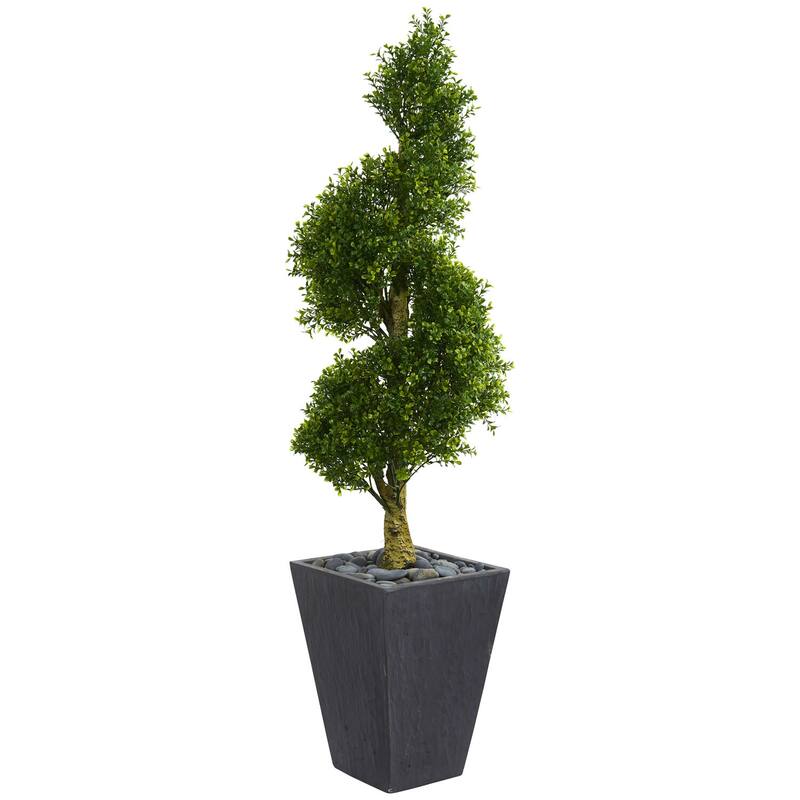 5ft Boxwood Spiral Topiary Artificial Tree in Slate Planter with UV Resistant Greenery for Entryway or Garden Decor