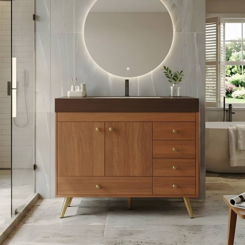 36" Freestanding Bathroom Vanity with Faux Marble Top, Ceramic Sink, 5 Drawers & Stainless Steel Legs