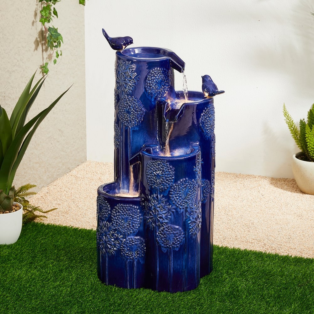 Glitzhome 26"H/ 31"H 4-Tier LED Vase-Shaped Ceramic Outdoor Floor Fountain with Birds/ Lotus