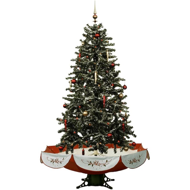 Christmas Time 55-In. Musical Snowy Indoor Holiday Decor, Green Christmas Tree with Red Umbrella Base