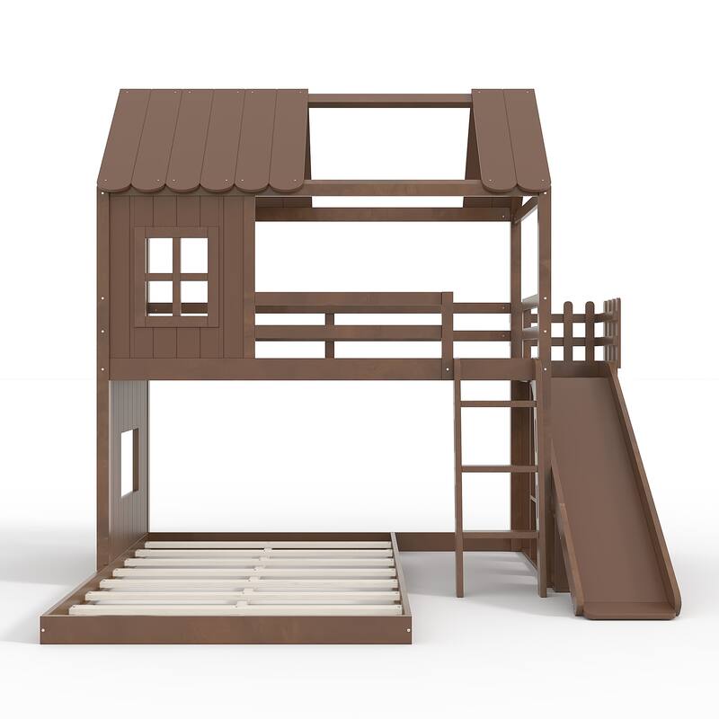 Twin over Full House Bunk Bed with Ladders and Slides, House Floor Bunk Bed with Storage Shelves and Wardrobe