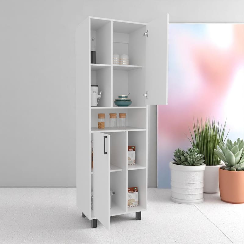 Tall White Pantry Storage Cabinet with Full-Length Double Doors and Multiple Interior Compartments