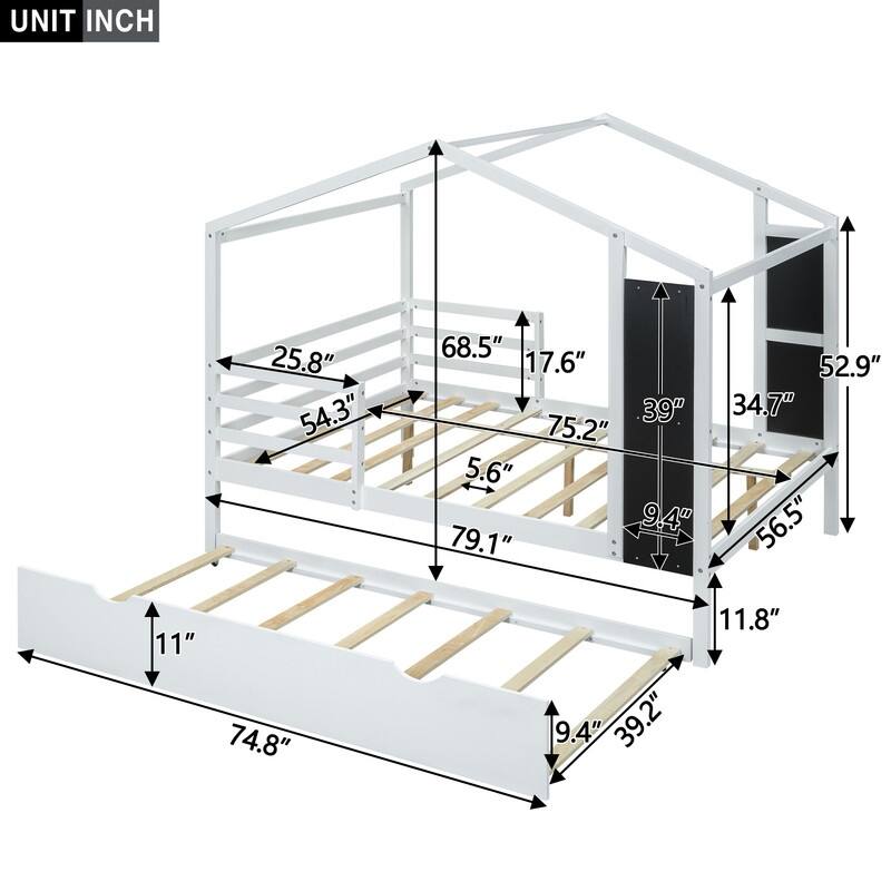 Full Size Wood House Bed with Fence and Writing Board