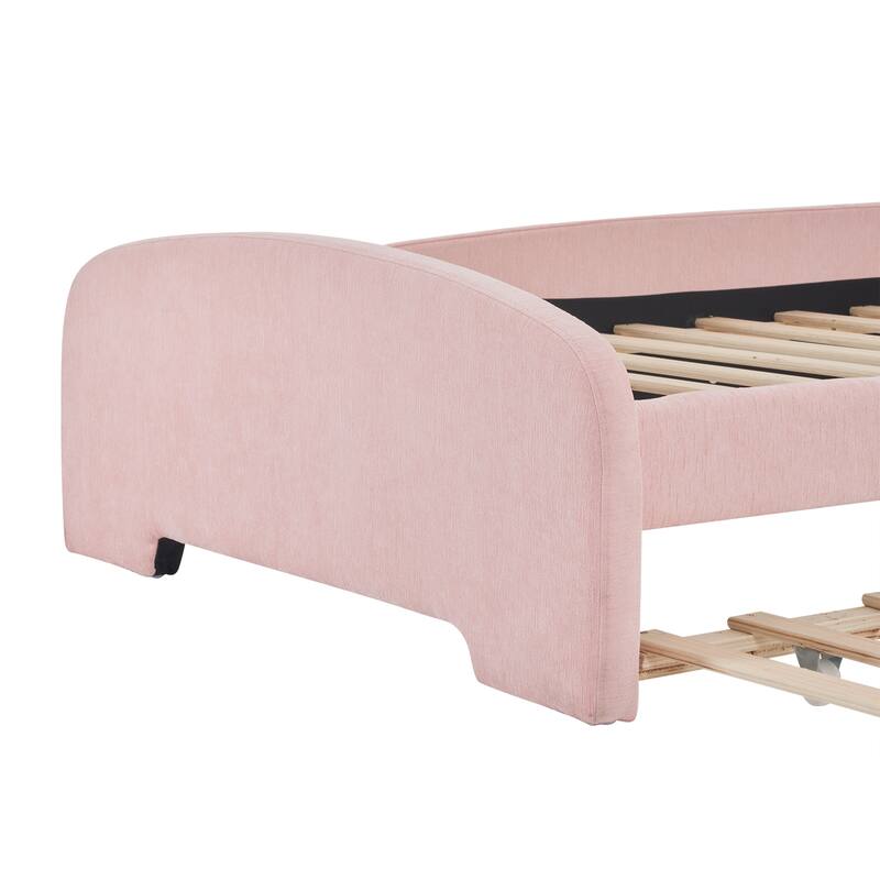Pink Chenille Twin Platform Bed with Cartoon Ears Headboard and Trundle