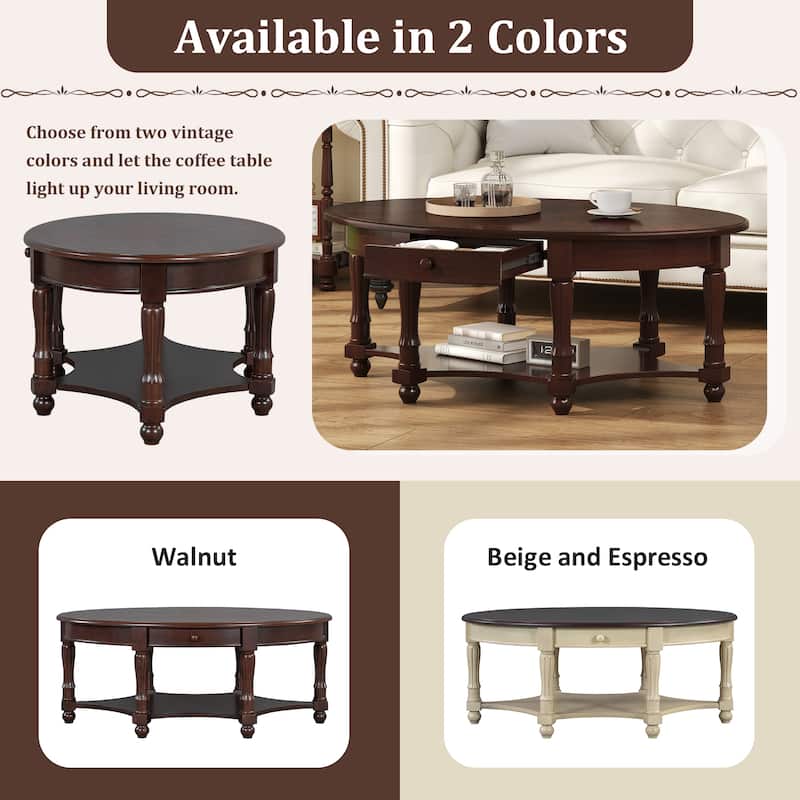 French Country Style Coffee Table Vintage Oval Coffee Table with Drawers and Storage Shelves, for Living Room