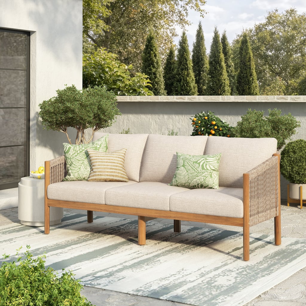 Christopher Knight Home - Farmhouse Outdoor 3-Seater Patio Sofa, Acacia Wood and Rope-Woven with Water-Resistant Cushions