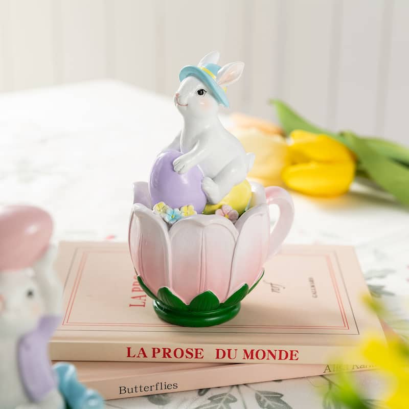 Glitzhome Set of 2 Easter Resin Bunny Table Decor Rabbits Figurines Party Ornaments