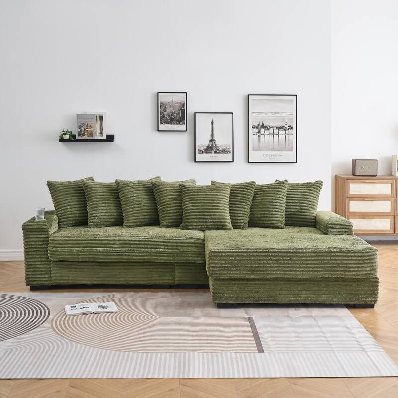 111.4-inch Green Corduroy L-Shaped Sofa with Storage Armrests and Reversible Chaise Lounge