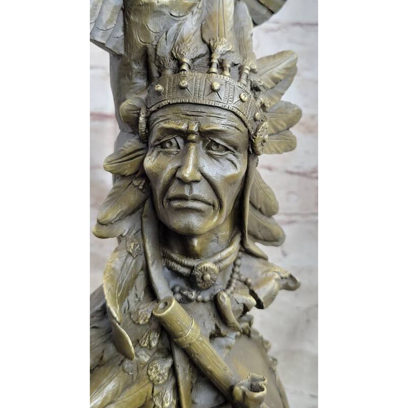 Sign Original Imitative Fisher Indian Warrior With Totem Pole Bird Bronze Statue Sculpture