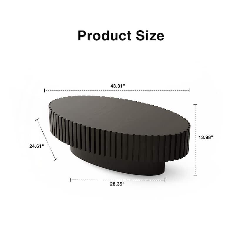 Oval Coffee Table Handcrafted Relief Sturdy Pedestal Wooden Olive-Shaped Tea Table for Living Room - Black