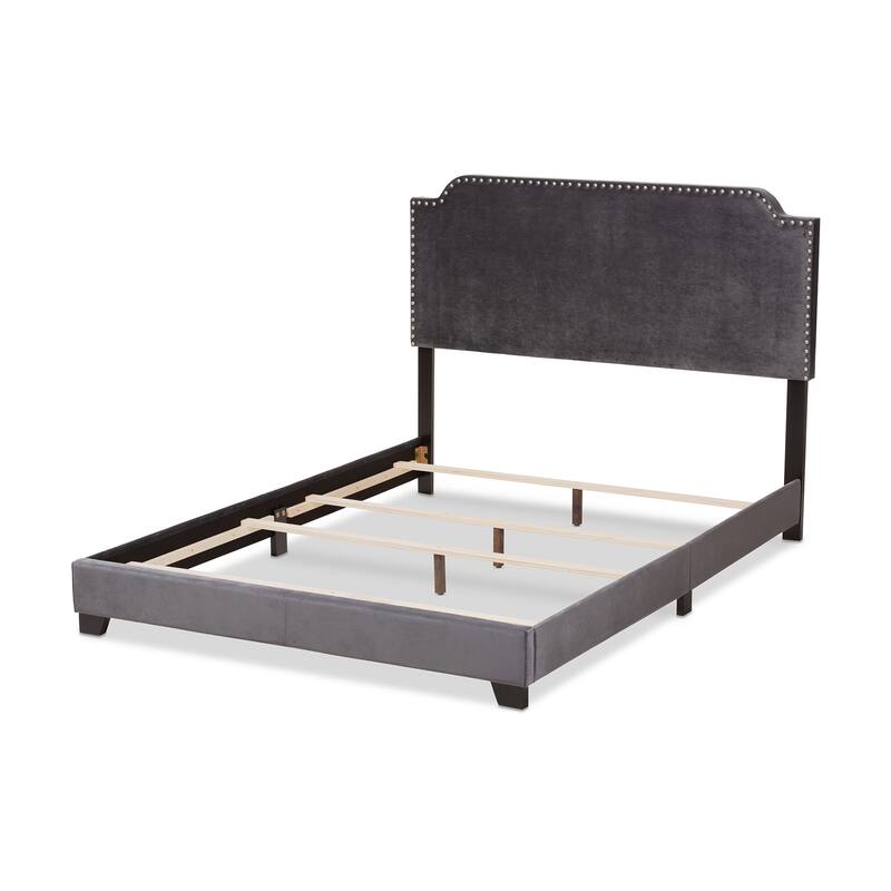 Luxury Velvet Queen Bed - Nailhead Trim Upholstered Bed Frame - Grey Bedroom Furniture