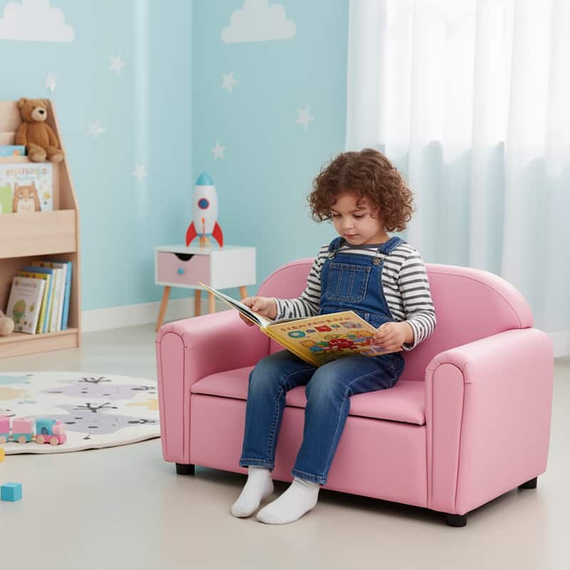 Kid-Sized Lightweight Pink Sofa with Storage Compartment for Playroom or Bedroom - 35" x 16" x 19.5" (L x W x H)