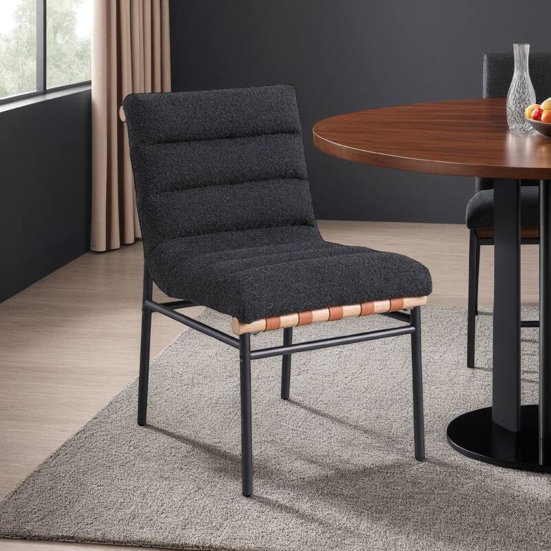 Kive Dining Chair Set of 2, Black Iron Legs, Gray Channel Tuft Boucle