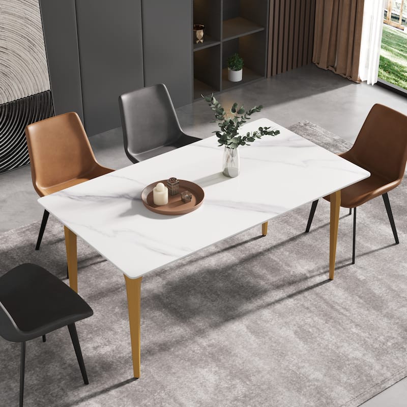 63" Light Luxury Marble Dining Table, Rectangular Sintered Stone Top and Carbon Steel legs - White&Gold