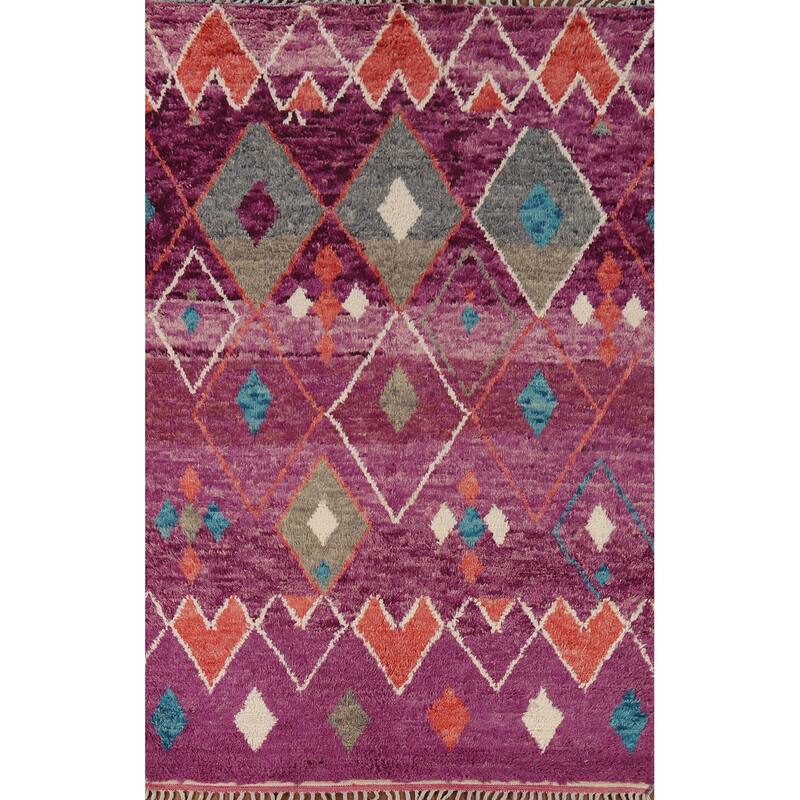 Plush Moroccan Purple Area Rug Hand-Knotted Wool Carpet - 5'11" x 9'4"