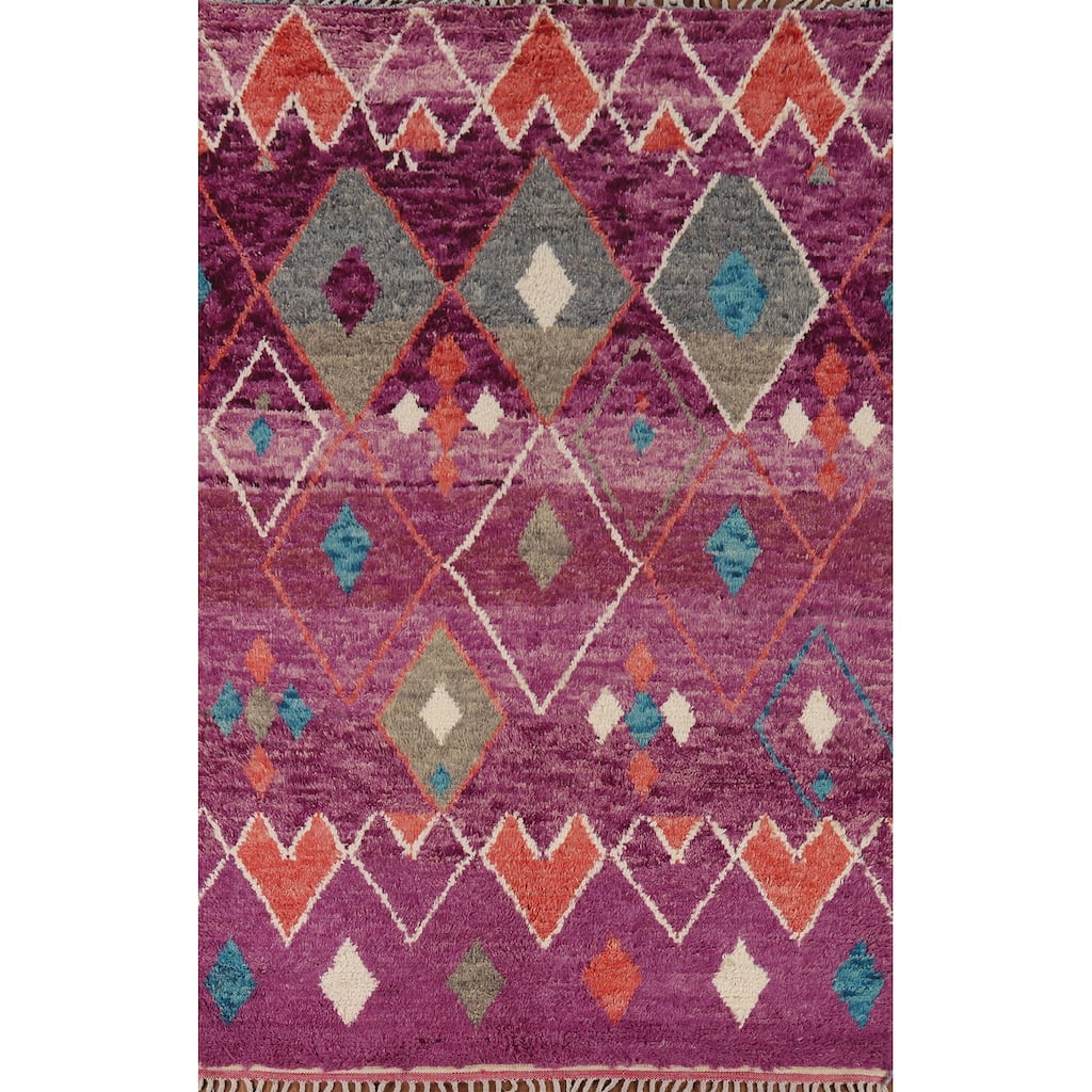Plush Moroccan Purple Area Rug Hand-Knotted Wool Carpet - 5'11" x 9'4"