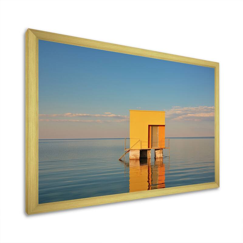 Designart "Coastal Minimalism Yellow Building In The Water I" Beach Framed Canvas Prints